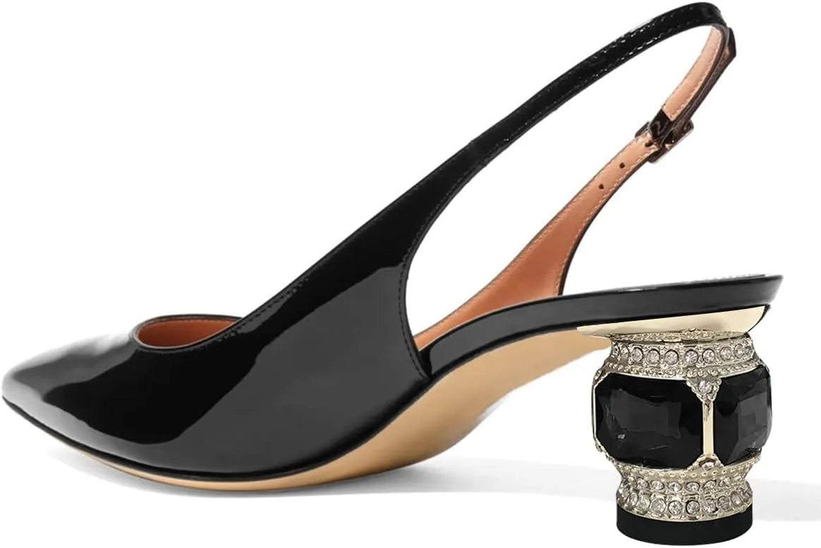 FSJ Women Pointed Toe Slingback Wedding Pumps Chunky Low Heel Rhinestone Sandals Crystal Dress Party Office Shoe with Buckle Size 4-15 M US