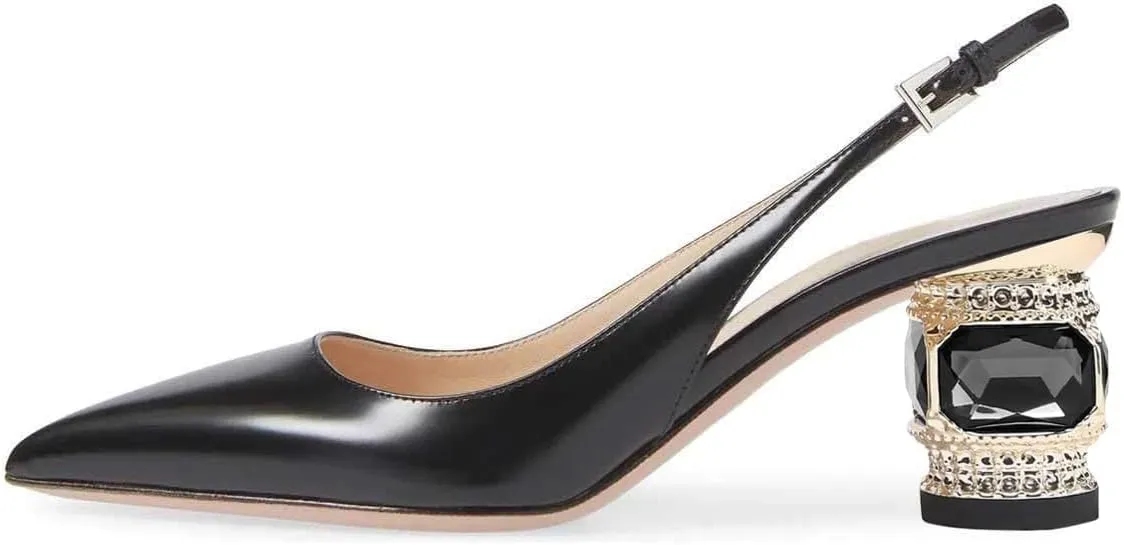 FSJ Women Pointed Toe Slingback Wedding Pumps Chunky Low Heel Rhinestone Sandals Crystal Dress Party Office Shoe with Buckle Size 4-15 M US
