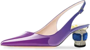 FSJ Women Pointed Toe Slingback Wedding Pumps Chunky Low Heel Rhinestone Sandals Crystal Dress Party Office Shoe with Buckle Size 4-15 M US