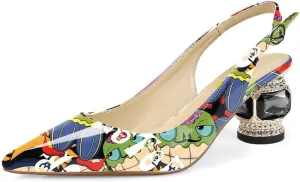 FSJ Women Pointed Toe Slingback Wedding Pumps Chunky Low Heel Rhinestone Sandals Crystal Dress Party Office Shoe with Buckle Size 4-15 M US