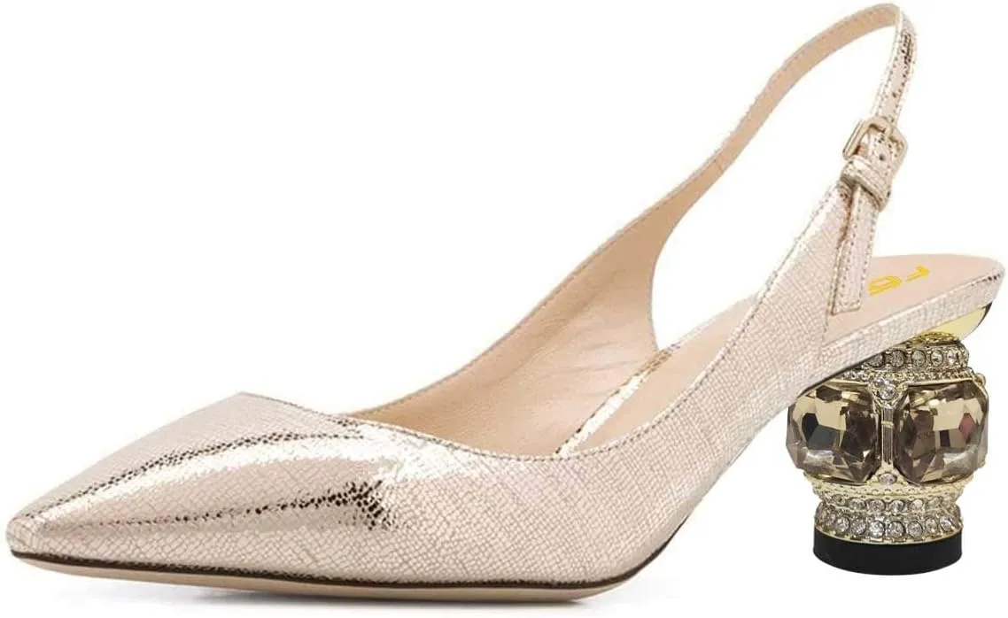 FSJ Women Pointed Toe Slingback Wedding Pumps Chunky Low Heel Rhinestone Sandals Crystal Dress Party Office Shoe with Buckle Size 4-15 M US