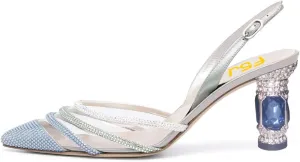 FSJ Women Pointed Toe Slingback Wedding Pumps Chunky Low Heel Rhinestone Sandals Crystal Dress Party Office Shoe with Buckle Size 4-15 M US