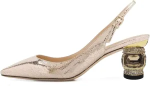 FSJ Women Pointed Toe Slingback Wedding Pumps Chunky Low Heel Rhinestone Sandals Crystal Dress Party Office Shoe with Buckle Size 4-15 M US