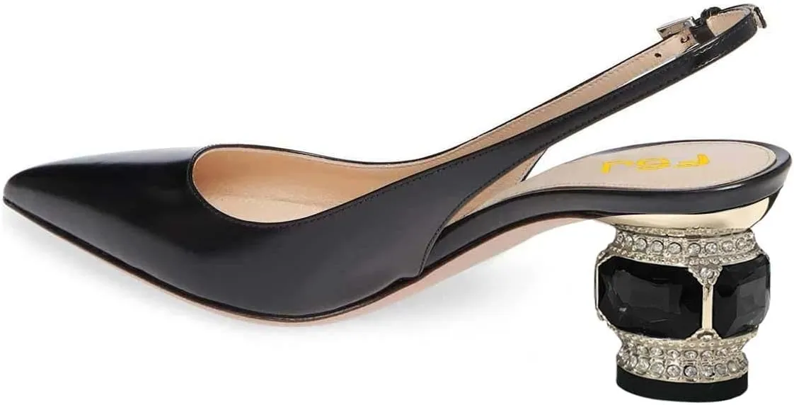 FSJ Women Pointed Toe Slingback Wedding Pumps Chunky Low Heel Rhinestone Sandals Crystal Dress Party Office Shoe with Buckle Size 4-15 M US