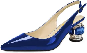 FSJ Women Pointed Toe Slingback Wedding Pumps Chunky Low Heel Rhinestone Sandals Crystal Dress Party Office Shoe with Buckle Size 4-15 M US