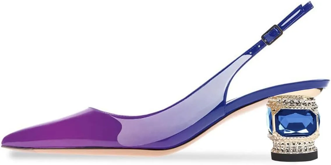 FSJ Women Pointed Toe Slingback Wedding Pumps Chunky Low Heel Rhinestone Sandals Crystal Dress Party Office Shoe with Buckle Size 4-15 M US
