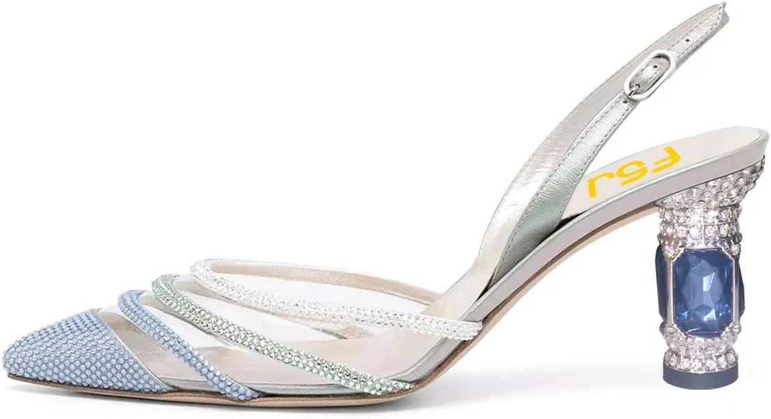 FSJ Women Pointed Toe Slingback Wedding Pumps Chunky Low Heel Rhinestone Sandals Crystal Dress Party Office Shoe with Buckle Size 4-15 M US