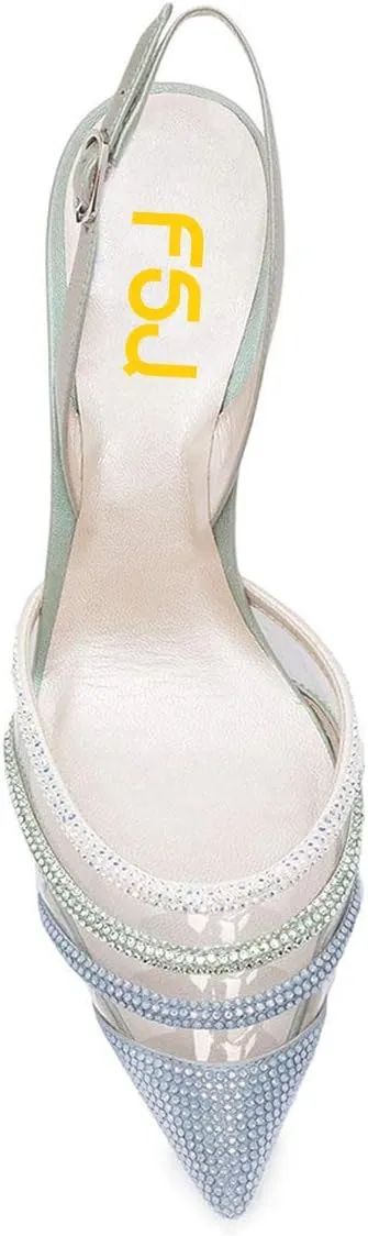FSJ Women Pointed Toe Slingback Wedding Pumps Chunky Low Heel Rhinestone Sandals Crystal Dress Party Office Shoe with Buckle Size 4-15 M US