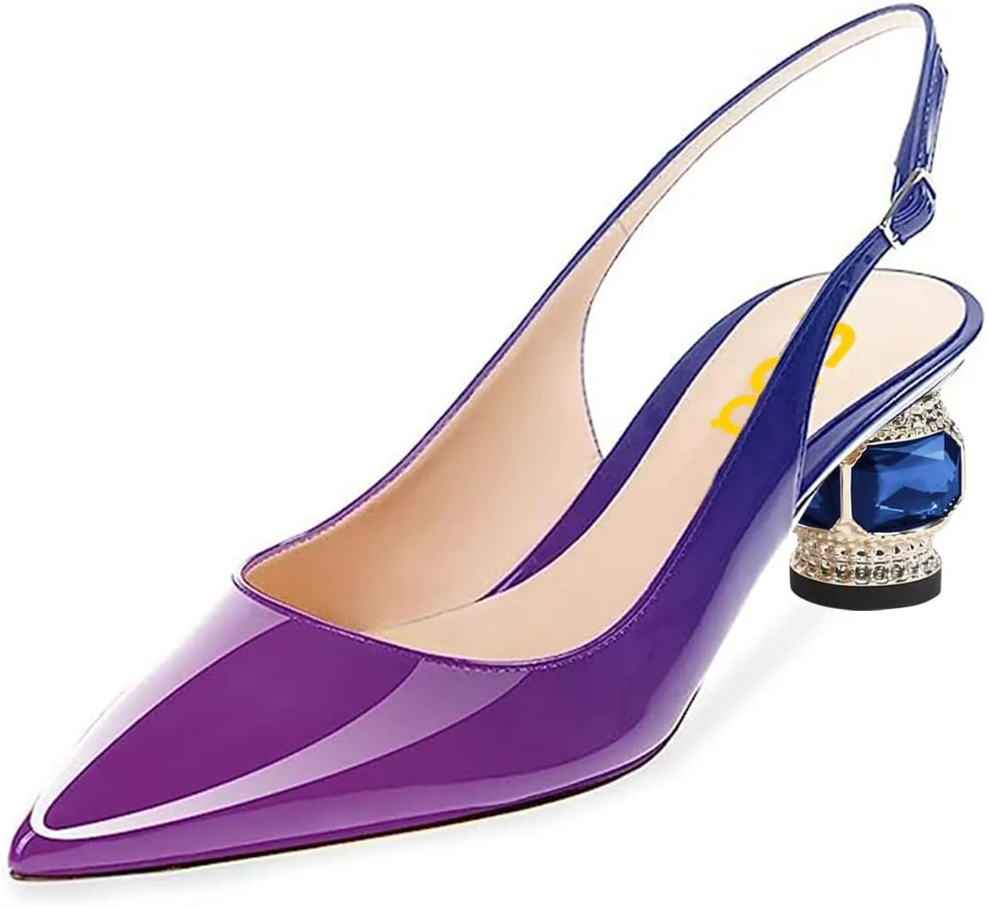 FSJ Women Pointed Toe Slingback Wedding Pumps Chunky Low Heel Rhinestone Sandals Crystal Dress Party Office Shoe with Buckle Size 4-15 M US