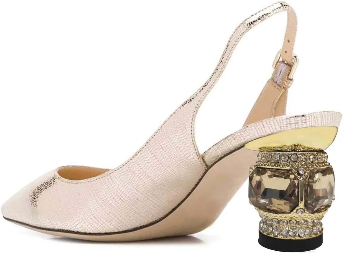 FSJ Women Pointed Toe Slingback Wedding Pumps Chunky Low Heel Rhinestone Sandals Crystal Dress Party Office Shoe with Buckle Size 4-15 M US