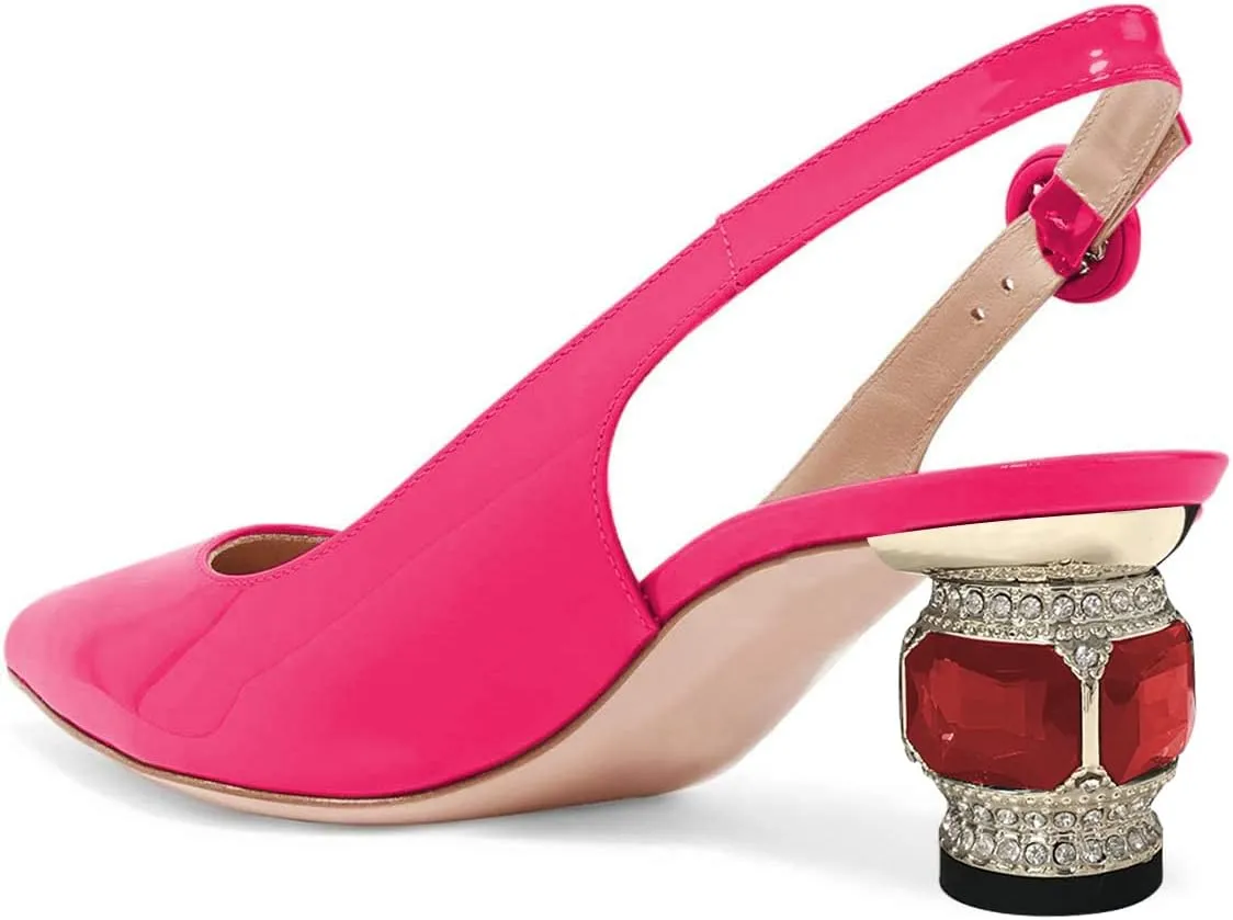 FSJ Women Pointed Toe Slingback Wedding Pumps Chunky Low Heel Rhinestone Sandals Crystal Dress Party Office Shoe with Buckle Size 4-15 M US