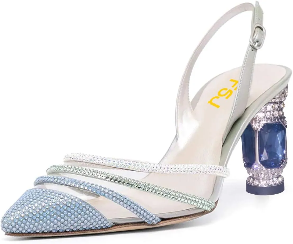 FSJ Women Pointed Toe Slingback Wedding Pumps Chunky Low Heel Rhinestone Sandals Crystal Dress Party Office Shoe with Buckle Size 4-15 M US