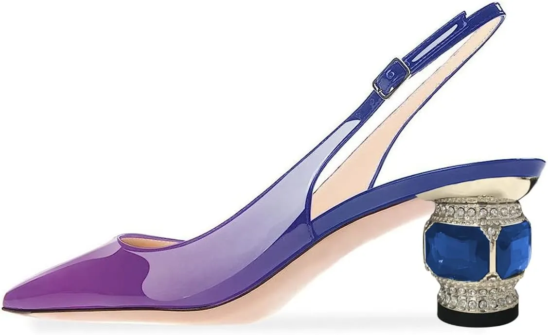 FSJ Women Pointed Toe Slingback Wedding Pumps Chunky Low Heel Rhinestone Sandals Crystal Dress Party Office Shoe with Buckle Size 4-15 M US