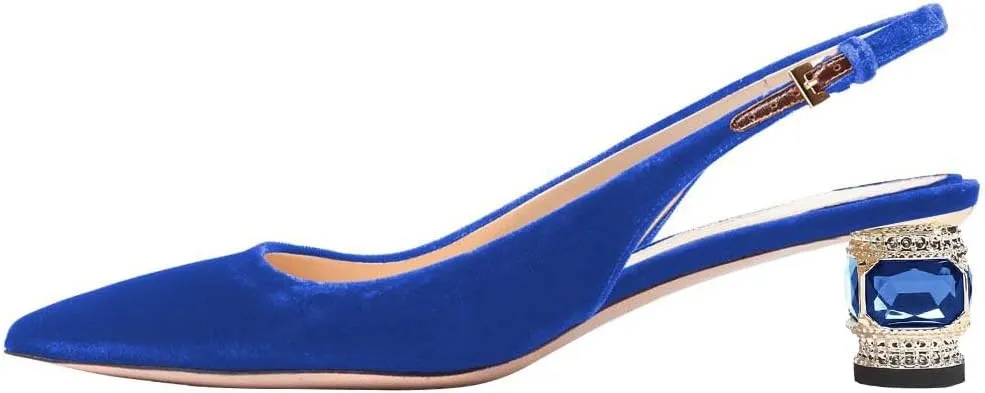 FSJ Women Pointed Toe Slingback Wedding Pumps Chunky Low Heel Rhinestone Sandals Crystal Heeled Dress Shoes Size 4-15 M US