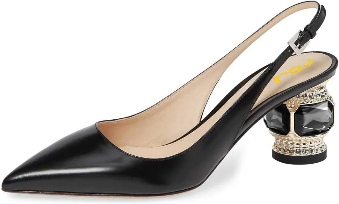 FSJ Women Pointed Toe Slingback Wedding Pumps Chunky Low Heel Rhinestone Sandals Crystal Heeled Dress Shoes Size 4-15 M US