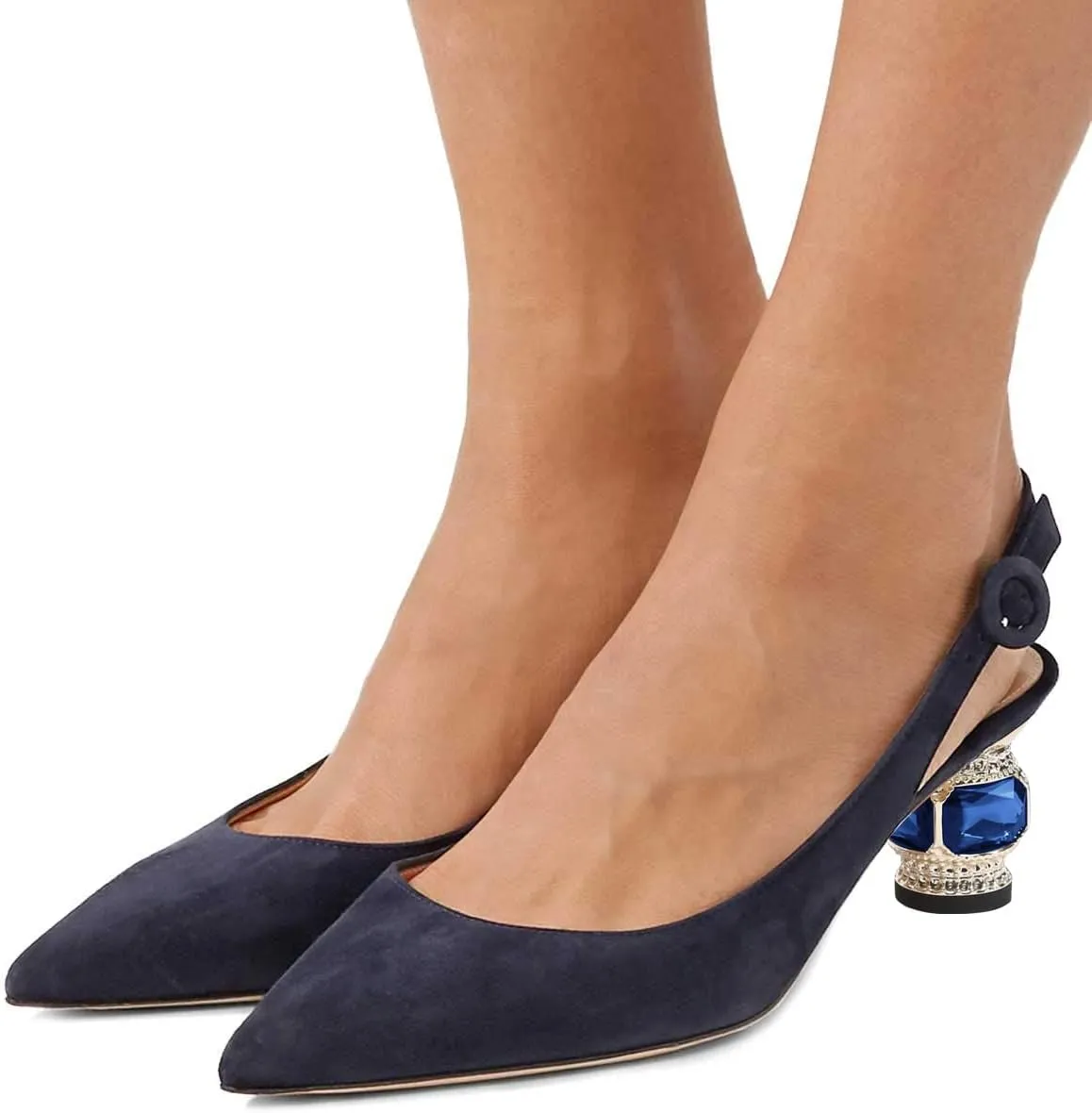 FSJ Women Pointed Toe Slingback Wedding Pumps Chunky Low Heel Rhinestone Sandals Crystal Heeled Dress Shoes Size 4-15 M US