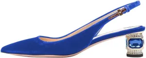 FSJ Women Pointed Toe Slingback Wedding Pumps Chunky Low Heel Rhinestone Sandals Crystal Heeled Dress Shoes Size 4-15 M US