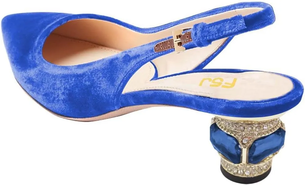 FSJ Women Pointed Toe Slingback Wedding Pumps Chunky Low Heel Rhinestone Sandals Crystal Heeled Dress Shoes Size 4-15 M US