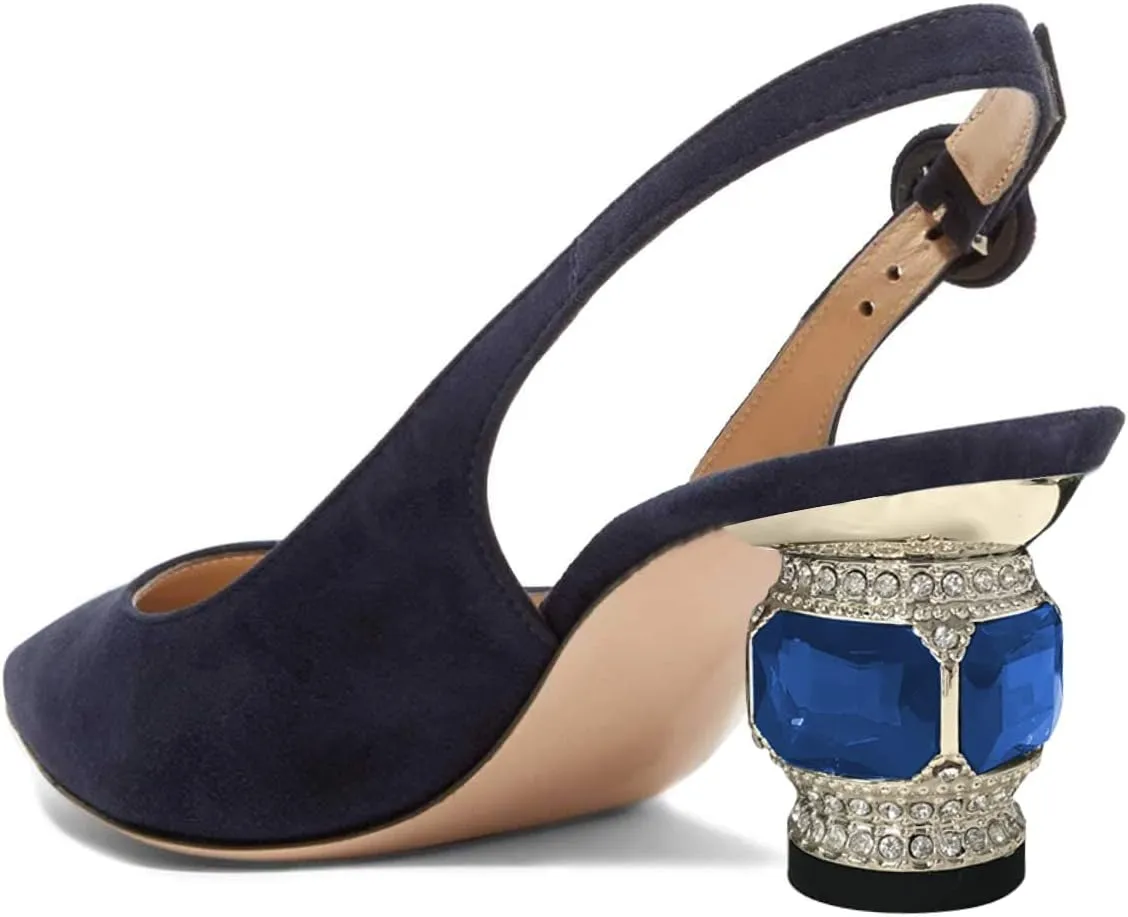 FSJ Women Pointed Toe Slingback Wedding Pumps Chunky Low Heel Rhinestone Sandals Crystal Heeled Dress Shoes Size 4-15 M US
