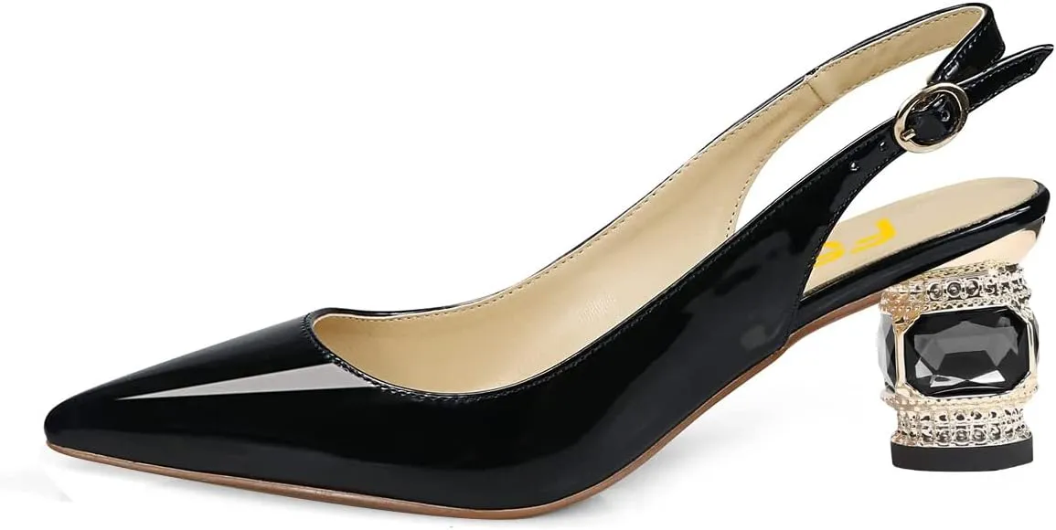 FSJ Women Pointed Toe Slingback Wedding Pumps Chunky Low Heel Rhinestone Sandals Crystal Heeled Dress Shoes Size 4-15 M US