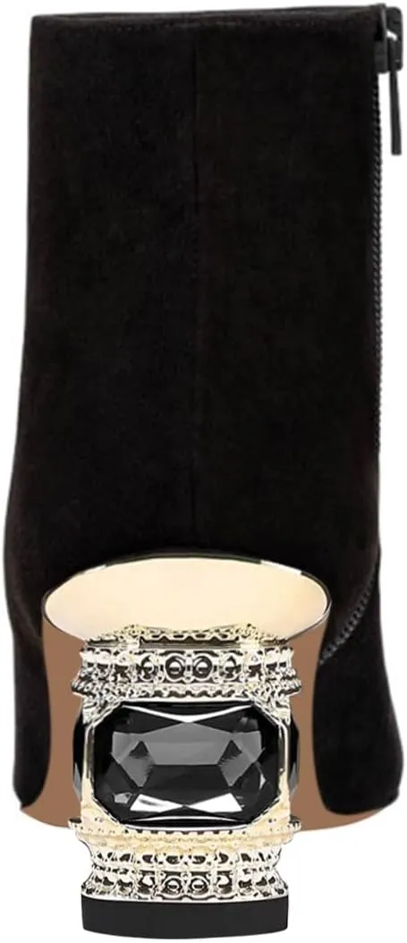 FSJ Women Round Toe Crystal Chunky Block Low Heel Ankle Boots Fashion Side Zipper Casual Prom Walking Shoes Size 4-16 US