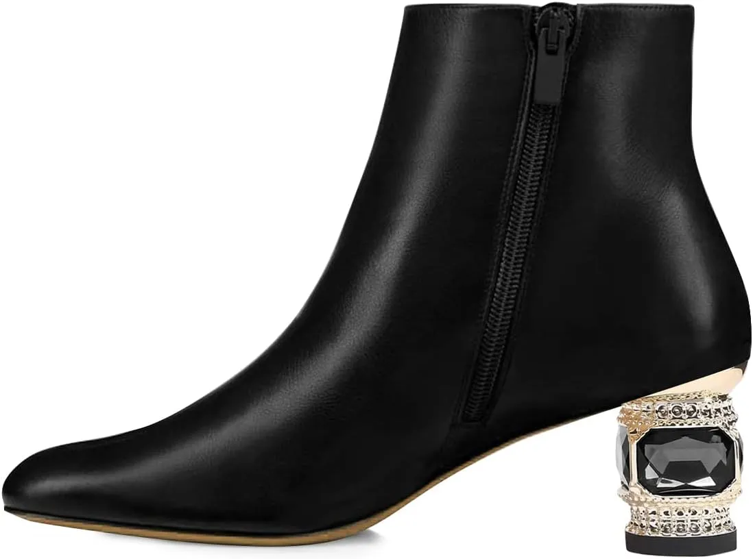 FSJ Women Round Toe Crystal Chunky Block Low Heel Ankle Boots Fashion Side Zipper Casual Prom Walking Shoes Size 4-16 US