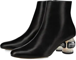 FSJ Women Round Toe Crystal Chunky Block Low Heel Ankle Boots Fashion Side Zipper Casual Prom Walking Shoes Size 4-16 US