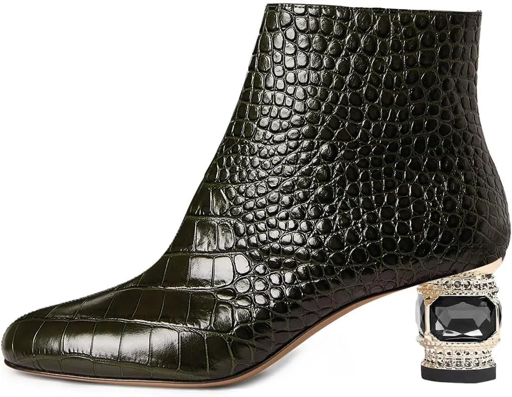 FSJ Women Round Toe Crystal Chunky Block Low Heel Ankle Boots Fashion Side Zipper Casual Prom Walking Shoes Size 4-16 US