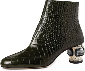 FSJ Women Round Toe Crystal Chunky Block Low Heel Ankle Boots Fashion Side Zipper Casual Prom Walking Shoes Size 4-16 US