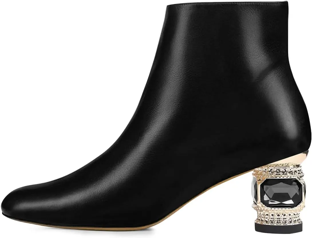 FSJ Women Round Toe Crystal Chunky Block Low Heel Ankle Boots Fashion Side Zipper Casual Prom Walking Shoes Size 4-16 US