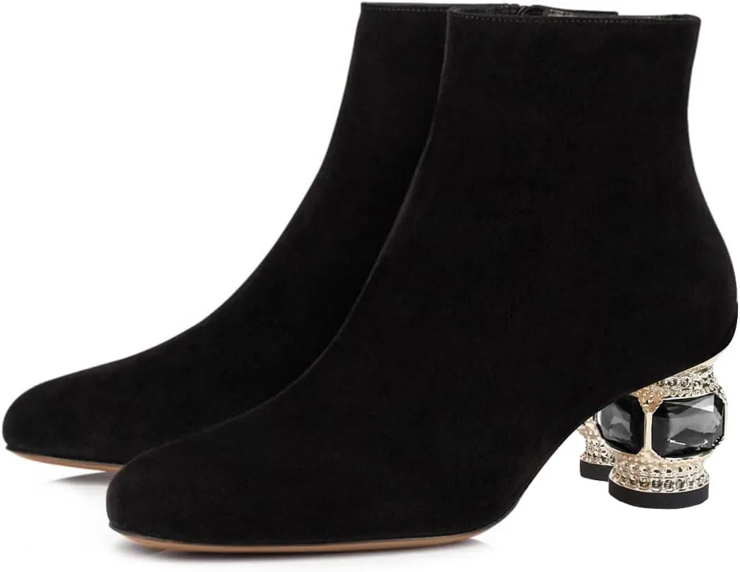 FSJ Women Round Toe Crystal Chunky Block Low Heel Ankle Boots Fashion Side Zipper Casual Prom Walking Shoes Size 4-16 US