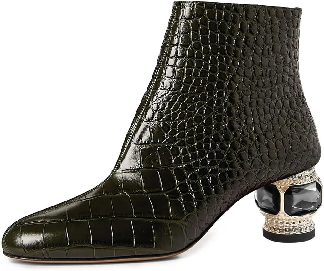 FSJ Women Round Toe Crystal Chunky Block Low Heel Ankle Boots Fashion Side Zipper Casual Prom Walking Shoes Size 4-16 US