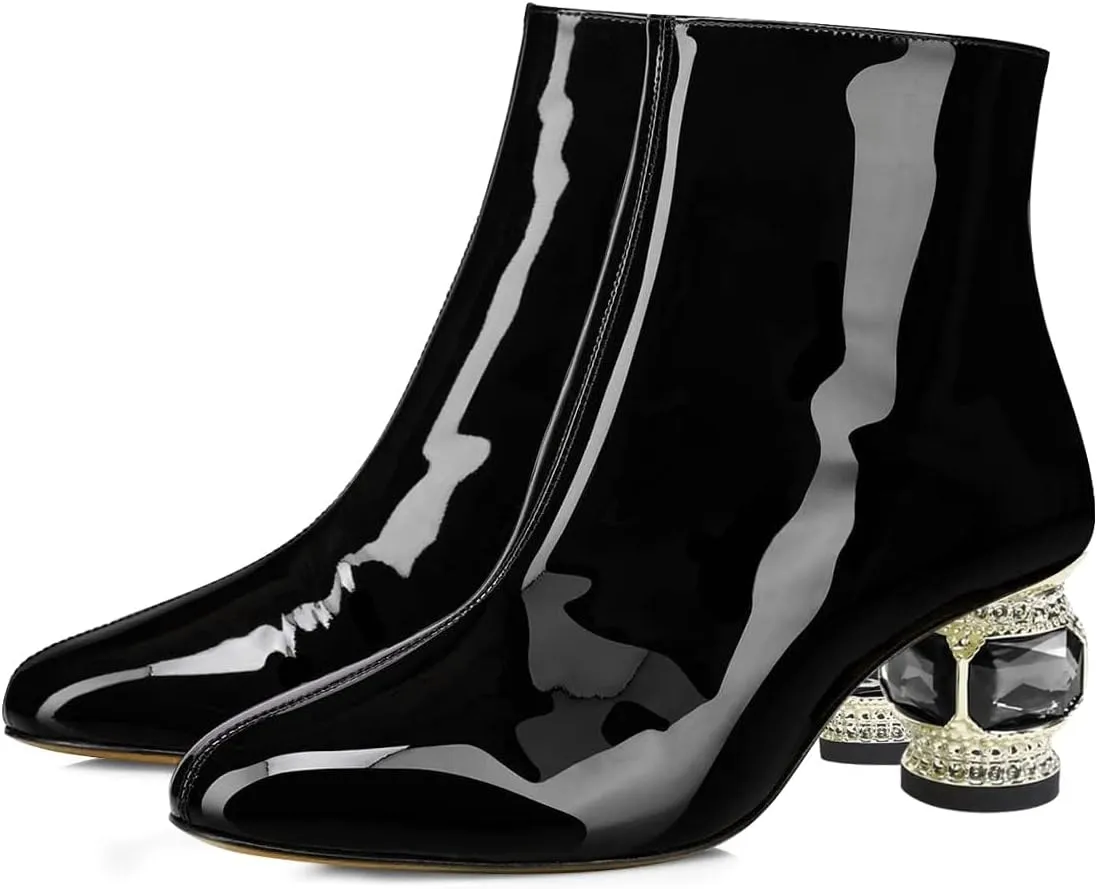 FSJ Women Round Toe Crystal Chunky Block Low Heel Ankle Boots Fashion Side Zipper Casual Prom Walking Shoes Size 4-16 US