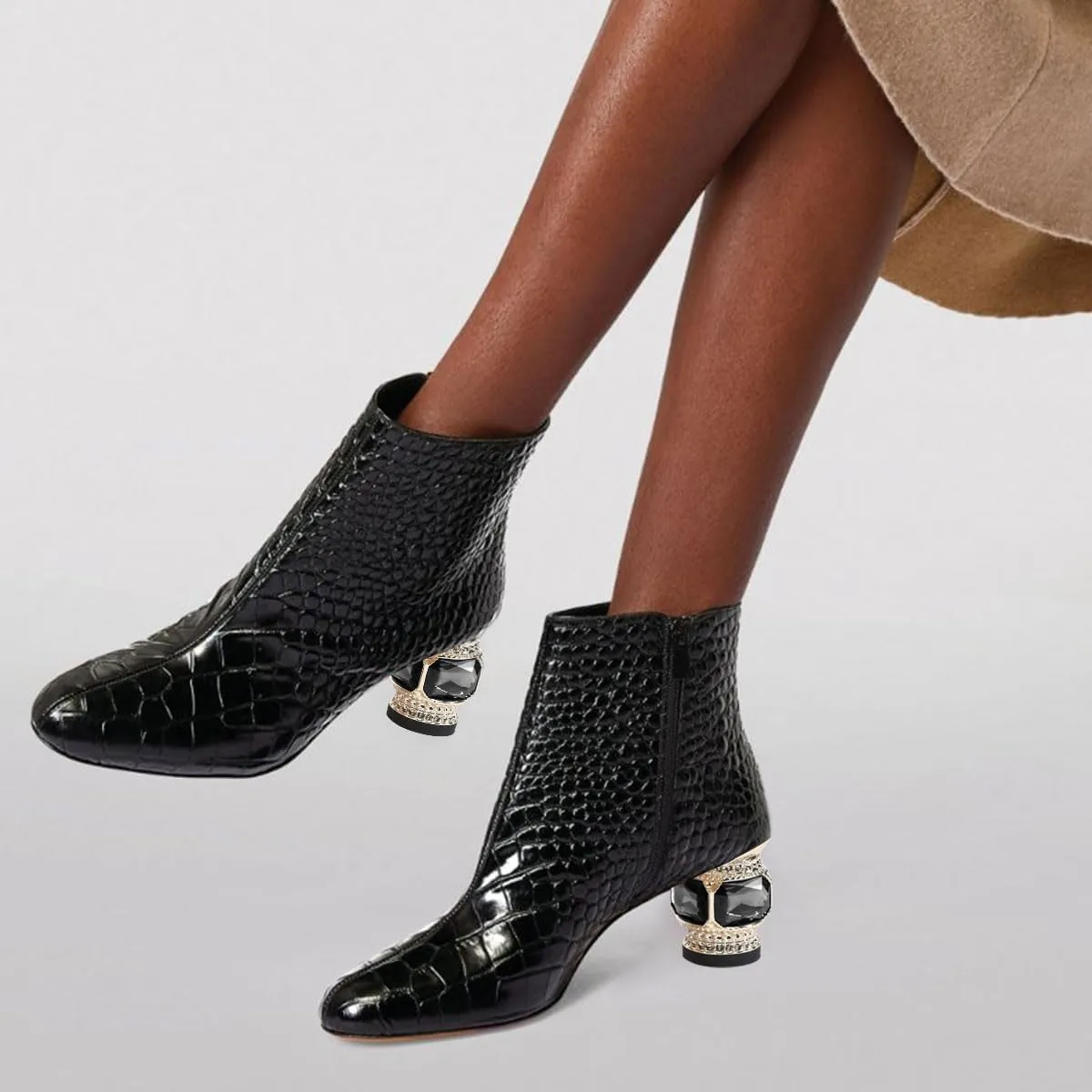 FSJ Women Round Toe Crystal Chunky Block Low Heel Ankle Boots Fashion Side Zipper Casual Prom Walking Shoes Size 4-16 US