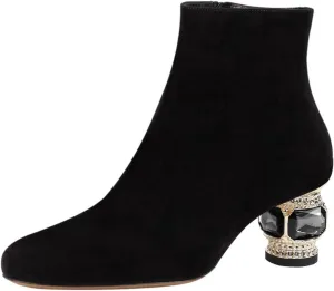 FSJ Women Round Toe Crystal Chunky Block Low Heel Ankle Boots Fashion Side Zipper Casual Prom Walking Shoes Size 4-16 US