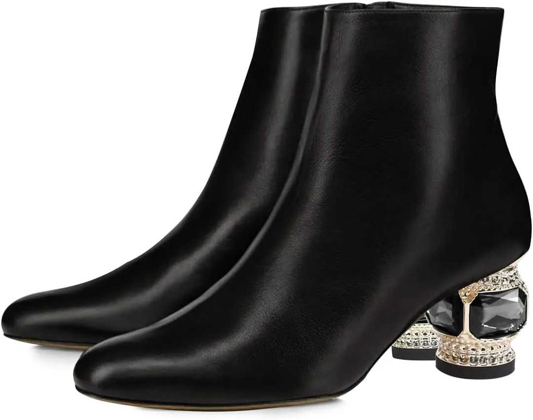 FSJ Women Round Toe Crystal Chunky Block Low Heel Ankle Boots Fashion Side Zipper Casual Prom Walking Shoes Size 4-16 US