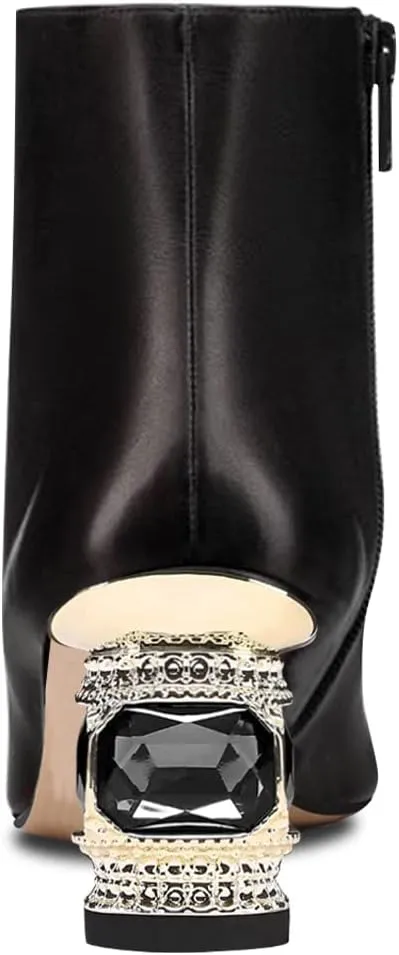 FSJ Women Round Toe Crystal Chunky Block Low Heel Ankle Boots Fashion Side Zipper Casual Prom Walking Shoes Size 4-16 US