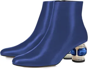 FSJ Women Round Toe Crystal Chunky Block Low Heel Ankle Boots Fashion Side Zipper Casual Prom Walking Shoes Size 4-16 US