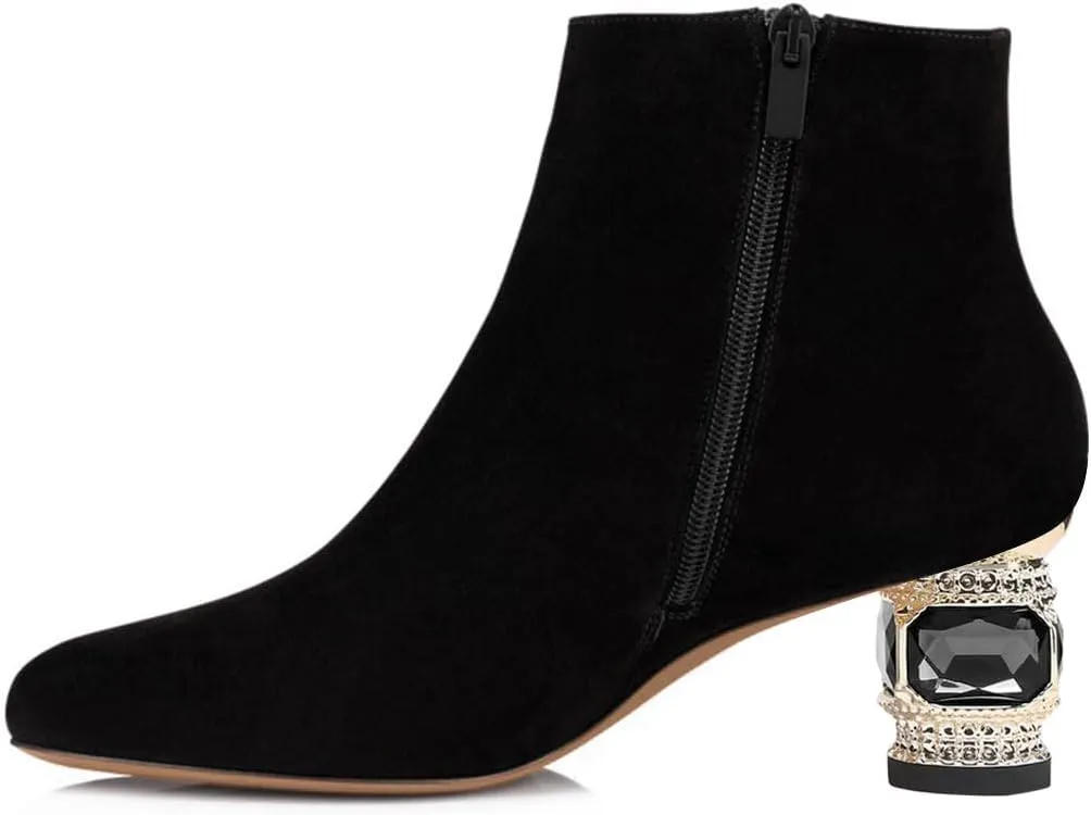 FSJ Women Round Toe Crystal Chunky Block Low Heel Ankle Boots Fashion Side Zipper Casual Prom Walking Shoes Size 4-16 US