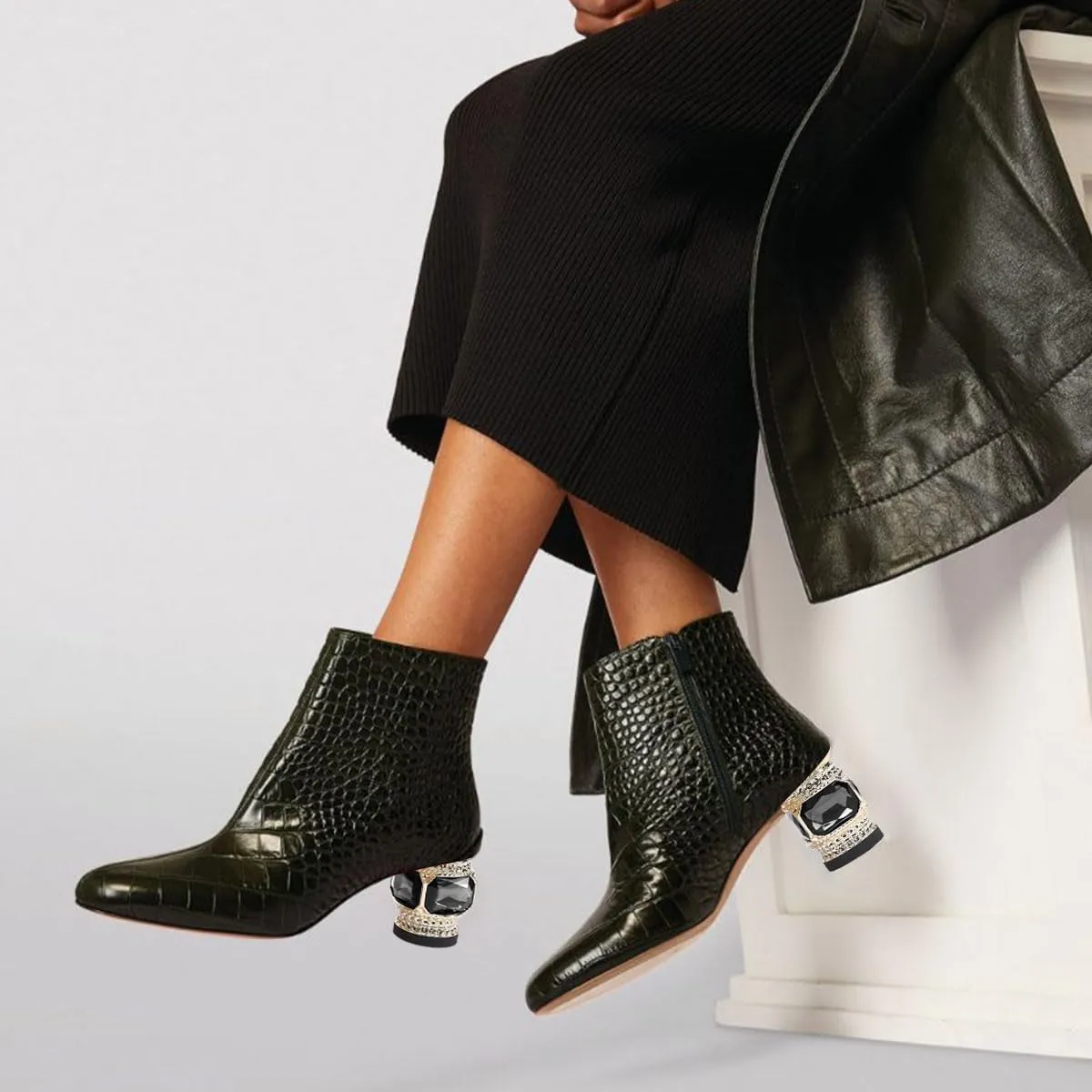 FSJ Women Round Toe Crystal Chunky Block Low Heel Ankle Boots Fashion Side Zipper Casual Prom Walking Shoes Size 4-16 US