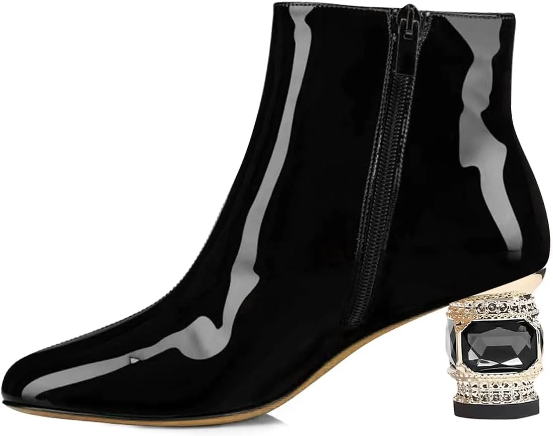 FSJ Women Round Toe Crystal Chunky Block Low Heel Ankle Boots Fashion Side Zipper Casual Prom Walking Shoes Size 4-16 US