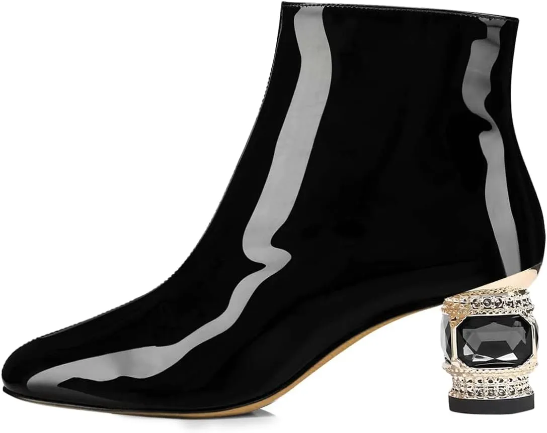 FSJ Women Round Toe Crystal Chunky Block Low Heel Ankle Boots Fashion Side Zipper Casual Prom Walking Shoes Size 4-16 US