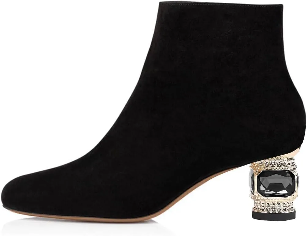 FSJ Women Round Toe Crystal Chunky Block Low Heel Ankle Boots Fashion Side Zipper Casual Prom Walking Shoes Size 4-16 US