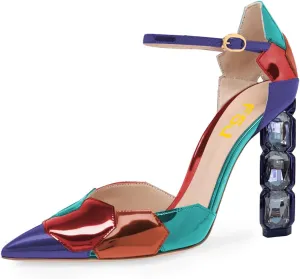 FSJ Women Shiny Crystal Heel Colorful Sandals Pointed Toe High Heel Ankle Strap Buckle Party Prom Dress Ladies Shoes Size 4-15 US