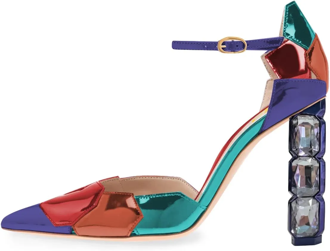 FSJ Women Shiny Crystal Heel Colorful Sandals Pointed Toe High Heel Ankle Strap Buckle Party Prom Dress Ladies Shoes Size 4-15 US