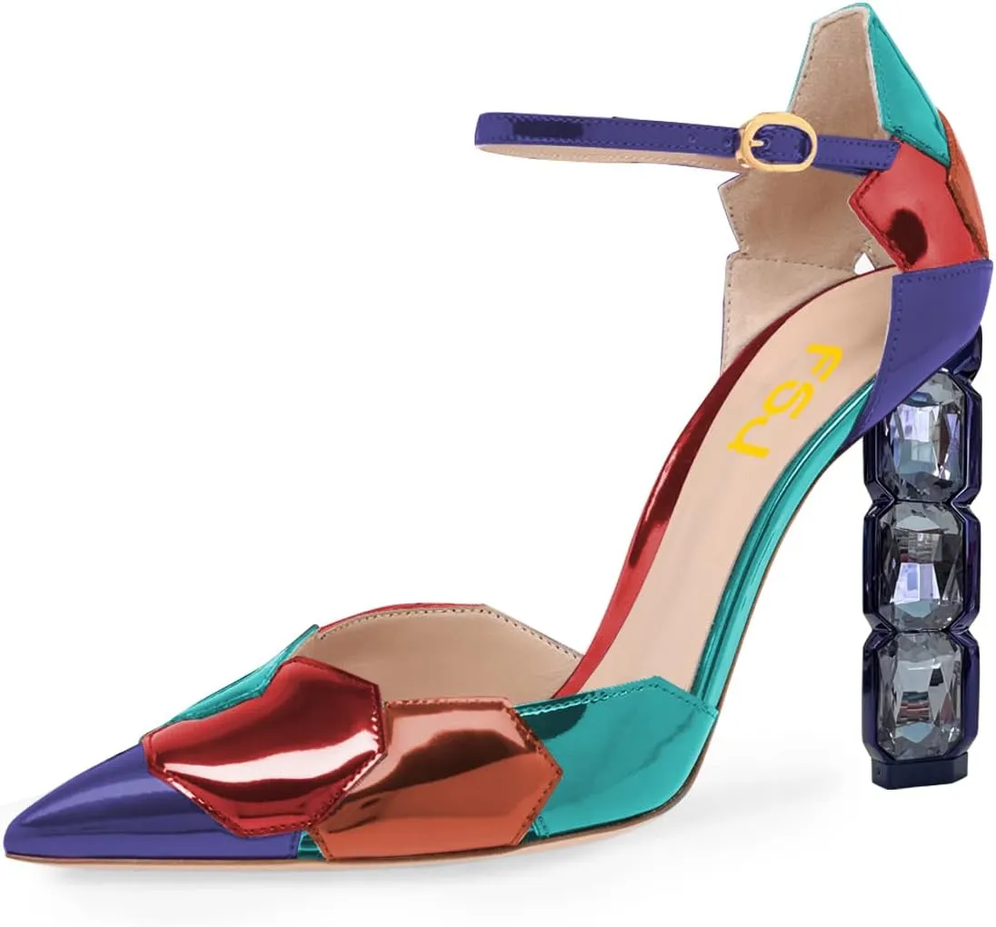 FSJ Women Shiny Crystal Heel Colorful Sandals Pointed Toe High Heel Ankle Strap Buckle Party Prom Dress Ladies Shoes Size 4-15 US