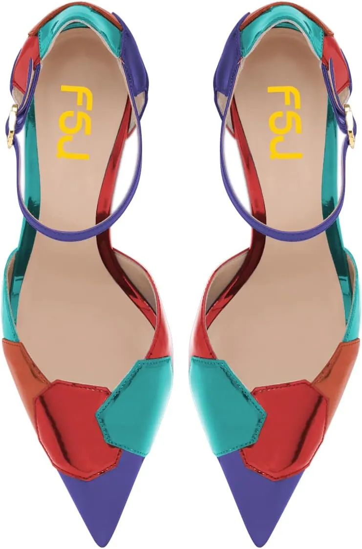 FSJ Women Shiny Crystal Heel Colorful Sandals Pointed Toe High Heel Ankle Strap Buckle Party Prom Dress Ladies Shoes Size 4-15 US