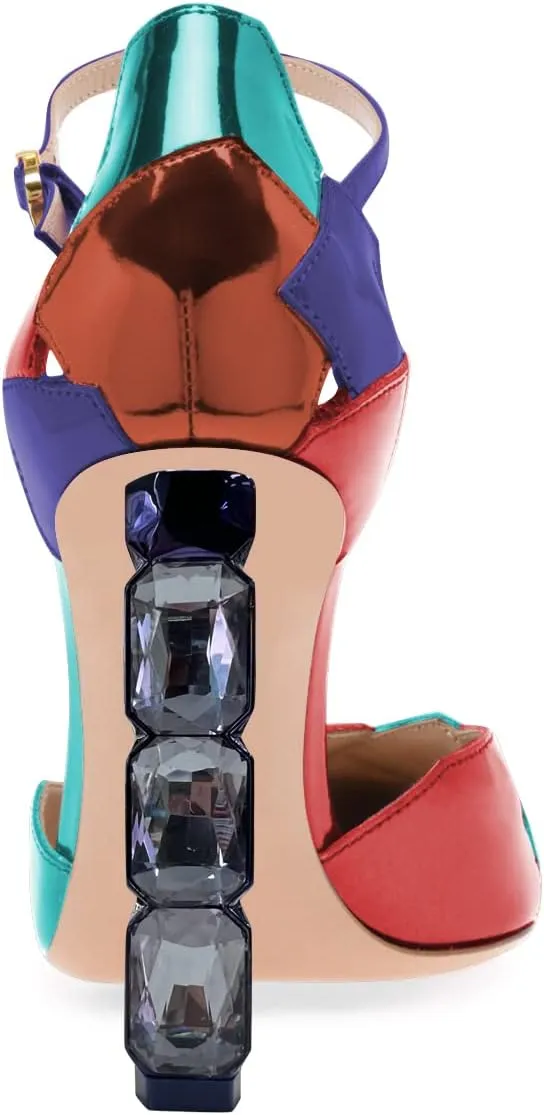FSJ Women Shiny Crystal Heel Colorful Sandals Pointed Toe High Heel Ankle Strap Buckle Party Prom Dress Ladies Shoes Size 4-15 US