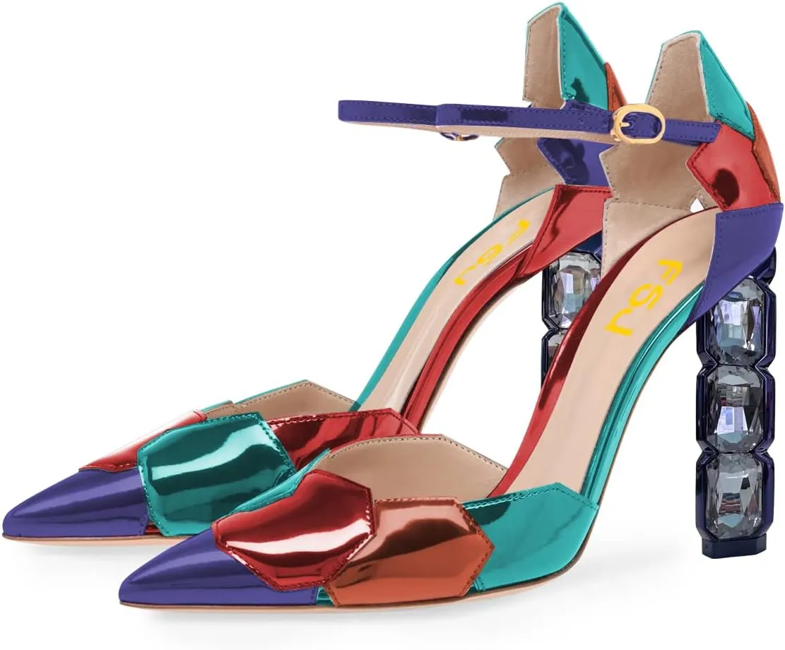 FSJ Women Shiny Crystal Heel Colorful Sandals Pointed Toe High Heel Ankle Strap Buckle Party Prom Dress Ladies Shoes Size 4-15 US