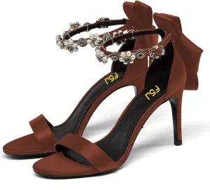 FSJ Women Single Band Open Toe Ankle Strap Crystal Rhinestone Stiletto Mid Heel Sandals Wedding Bow Shoes Pearl Flower Adjustable Buckle Bridal Satin Evening Party Prom Dress